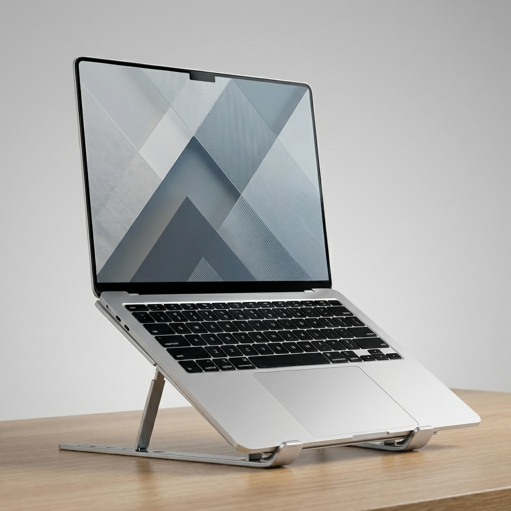 SpineUp Essential plateado con notebook en un escritorio