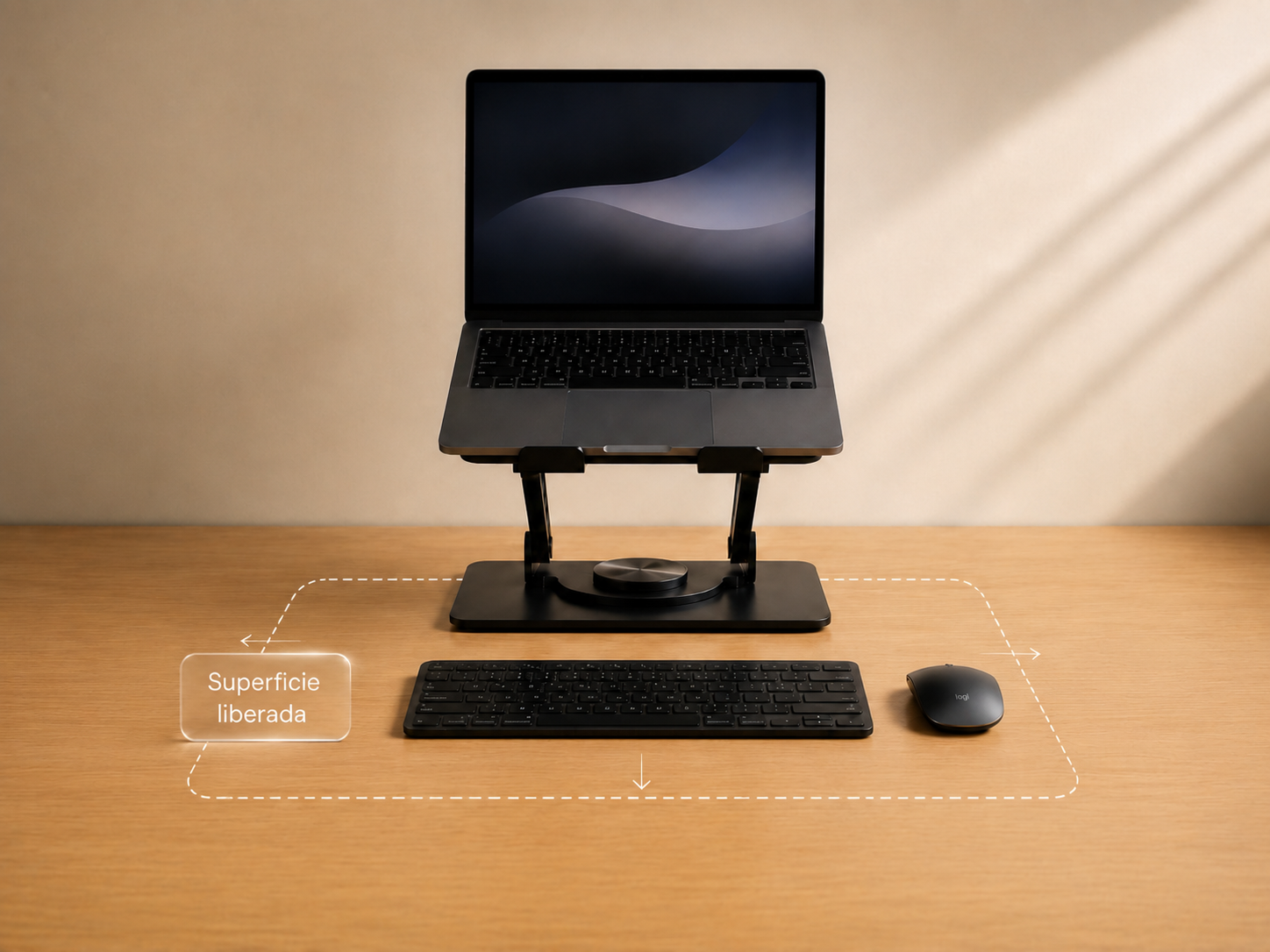 Notebook elevada dejando superficie disponible para teclado y mouse