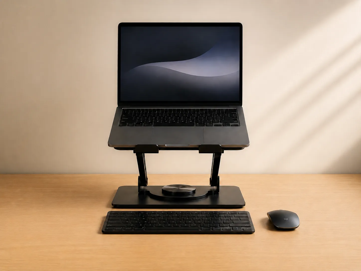 Setup organizado con notebook elevada, teclado y mouse